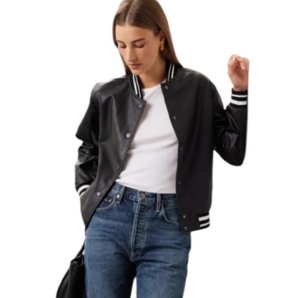 Slate & Willow Varsity Bomber Jacket in Black Faux Leather Size Small - Picture 3 of 11